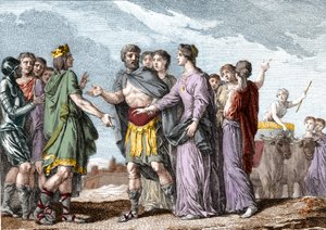 Marriage of Clovis 1st (481-511), King of the Francs, with Clotilde (Sainte Clothilde, ca. 475-545) (Queen) in 493. Engraving of the 18th century.