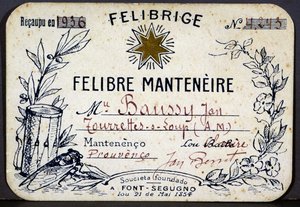 Membership card of Jan Baussy at the Felibrige, Felibre Association