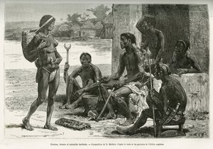 Men, Women and Utensils (Bihe Region, Rwanda). Engraving by D. Maillart, to Illustrate the Story How I Crossed Africa, from the Atlantic Ocean to the Indian Ocean, by Major Serpa Pinto, in 1877-1878, Published in the Tour du Monde, under the Direction of E by French School