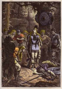 Merovingians: Clovis I shooting down the soldier who had broken the vase of Soissons, in 486 - Clovis (465-511) and the Frankish warrior who broke the Vase of Soissons in 486 - engraving from L
