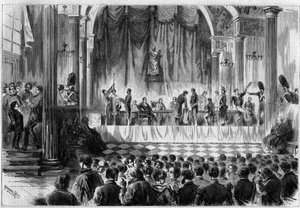 Military recruitment: draw of lots for conscripts of 1858, in the Saint Jean room of the Hotel de Ville in Paris. Engraving in 