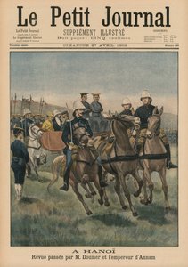 Military review by Paul Doumer, Governor General of French Indochina, and Emperor of Annam, Thanh Thai, in Hanoi, front cover illustration from Le Petit Journal, Supplement Illustre, 27th April 1902