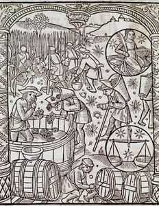 Month of harvest, with Virgo and Libra zodiac signs, from Le grand calendrier des bergers by French School