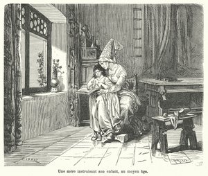 Mother teaching her child in medieval times by French School