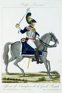 Mounted Officer of the Cuirassiers of the Royal Guard, from Troupes Francaises, pub. chez Basset, Paris, c.1790 by French School