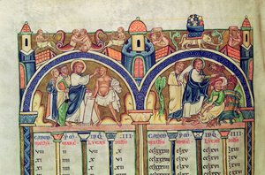 Canon of the Evangelists, detail depicting Christ healing the man with dropsy and casting out demons from a possessed man, from a Latin Bible by French School