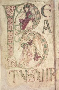 Historiated initial B depicting St. John the Evangelist and an Angel, from the Psalter of Corbie by French School