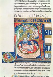 Historiated initial A depicting Daniel in the Lions Den, from the Souvigny Bible by French School