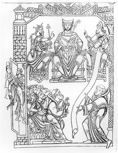 Cartulary of Mont Saint-Michel: Duke Richard II of Normandy making a gift of lands and privileges to the monastery of Mont St. Michel, (engraving after a drawing of the 1150s) by French School
