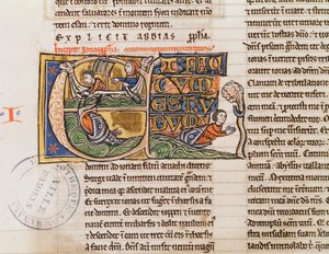 Historiated initial E depicting Jonah being Thrown into the Sea, from an unspecified bible