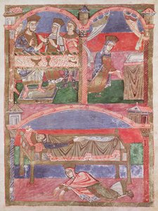 St. Radegund at the table of Clothar I, in her oratory and at the feet of the royal bed, from the Life of St. Radegund by French School