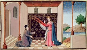 Lady Philosophy offers to Boethius the wings that will enable his mind to fly aloft by French School