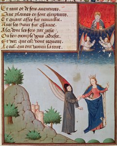 Lady Philosophy leads Boethius in flight into the sky on the wings that she has given him; God the Father looks on in blessing by French School