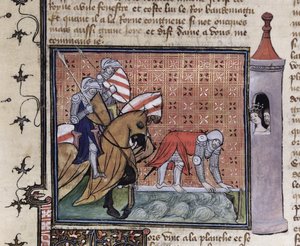 Lancelot Crossing the Sword Bridge, from the Livre de Messire Lancelot du Lac by French School
