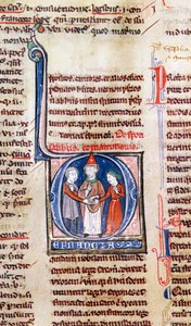 Historiated initial D depicting a marriage, from the Decretals of Gregory IX by French School