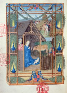 Ms 473 The Nativity with peacocks, miniature from the Heures de Charles de France, c.1466-69 by French School