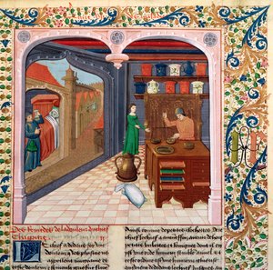 A patient in his bed and an apothecary preparing medicine, from Le Livre des Proprietes des Choses by Barthelemy l