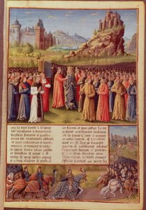 Saint Bernard (c.1090-1153) of Clairvaux preaching the Second Crusade in the presence of King Louis VII (c.1120-80) of France at Vezelay in 1146, from Passages faits Outremer by French School