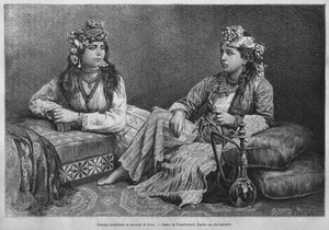 Muslim women of Sidon, from La Syrie daujourdhui. Voyages dans la Phenicie, le Liban et la Judee. 1875-1880 by Louis Charles Emile Lortet, 1884 by French School