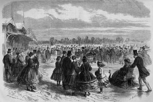 Napoleon III (1808-1873) and Empress Eugenie de Montijo (1826-1920) at the Skating Club of Bois de Boulogne in Paris. Engraving in 
