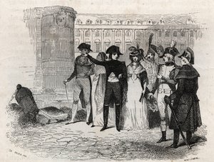 Napoleon walking with Madame Tallien, nee Theresa Cabarrus, Princess of Caraman, Princess of Caraman Chimay, place Vendome in Paris - engraving in Les rues de Paris