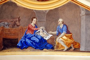 Nativity Scene. The Holy Family. St. Nicolas de Veroce Church. Painting France.
