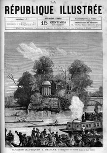 Nautical races: French rowing championship organized on the Seine facing the Ile de la Grande Jatte in Neuilly. A newspaper. Engraving from 1880 in 