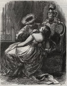 Nice neck! That an executioner would be happy to cut it off! King Henry VIII of England (1491-1547) with his wife, Catherine Parr (1512-1548). Engraving from 1871 in Histoire Des Cocus Celebres by Henry de Kock (1819-1892) by French School