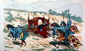 Nobleman being carried in a litter by retainers during the 14th century in Europe
