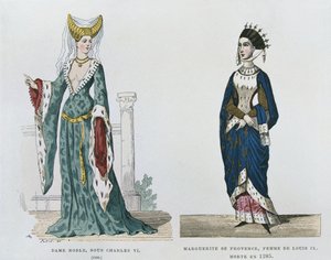Noblewoman under the reign of Charles VI, Marguerite de Provence, wife of Louis IX, from Costumes civils et militaires des francais a travers les siecles by French School