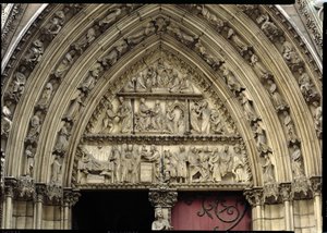 North transept portal, detail of tympanum depicting scenes from The Infancy of Christ and the Story of Theophilus by French School