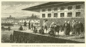 Ogawa-Bata, Docks and Rice Warehouses of the Taikun (engraving)