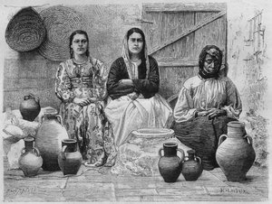 Oil merchants at Jerusalem, from La Syrie daujourdhui. Voyages dans la Phenicie, le Liban et la Judee. 1875-1880 by Louis Charles Emile Lortet, 1884 by French School