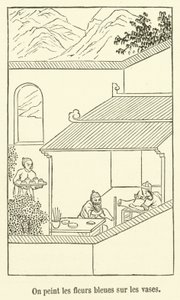 Painting Blue Flowers on Vases (engraving) by French School