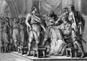 On the death of Clotaire I, his four sons each received part of the kingdom (engraving)