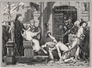 On the occasion of his future (1227), the young Louis IX made prisoners delivate - engraving in 