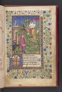 A gentleman in a landscape, followed by another mounted on a horse, with three ladies. Le livre des quatre dames; par Alain Chartier by French School