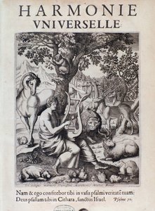 Orpheus playing for animals. Frontispiece of Harmonie universelle by Marin Mersenne by French School