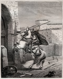Otto II, Holy Roman Emperor before Paris - Otto II of the Holy Empire, known as the Red (955-983) irritates not being able to penetrate Paris (Paris siege, 978), advances under the walls of the city to plant his spear in the door - engraving by French School