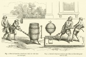 Otto von Guericke Trying to Create a Vacuum in a Barrel, Second Vessel Used by Otto von Guericke to Create a Vacuum (engraving) by French School