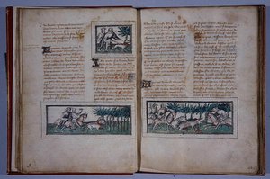 Pages 57 and 58, from Le Livre du Roy Modus et de la Royne Racio, by Henri de Ferrieres, c.1420 by French School