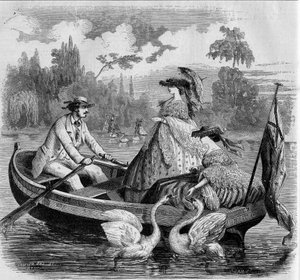 Parisian Modes, Summer 1857: Boat Ride on a Lake. Engraving in 