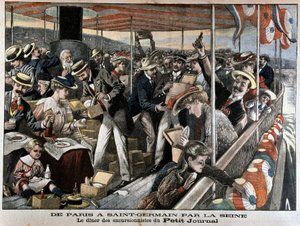 Parisians enjoy a steamboat excursion on the Seine to Saint-Germain