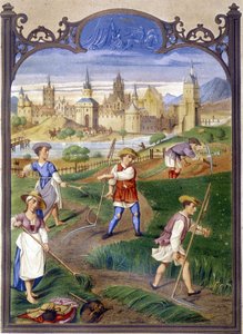 Peasants mowing grass, reproduction of illumination