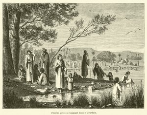 Greek Pilgrims Bathing in the Jordan (engraving) by French School