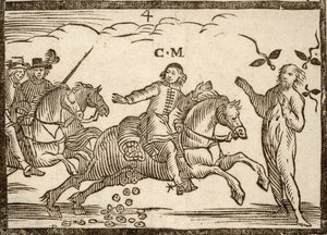 Political Pamphlets Mazarinade: Mazarin in His Flight Drops Ecus: The Shadow of Concini, Marshal of Anchor, Stands Before Him. Engraved Wood 1651