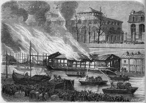 Firefighters trying to extinguish the fire of the swimming school boats on the Saint Martin canal in Paris, on January 5, 1864. Engraving in "Le Monde Illustre" n°553 of 16 January 1864 by French School