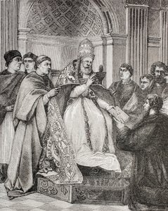 Pope Gregory IX handing the Decretals to an advocate of the Consistory, from 