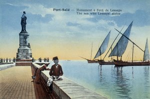 Port Said Postcard. Monument Dedicated to Fernand de Lesseps with Views of the Port and the Sea. Around 1900 (Postcard) by French School