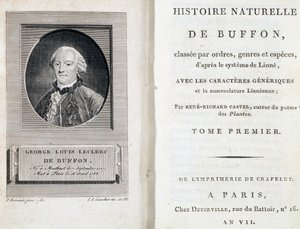 Portrait of Buffon and the title page of Natural History of Buffon classified by orders, genera and species, according to the Linnaeus system by French School